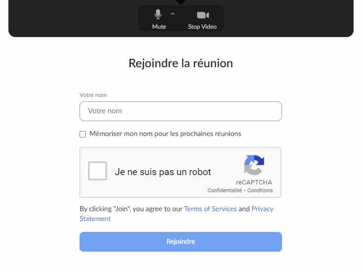Interface de connexion ZOOM
